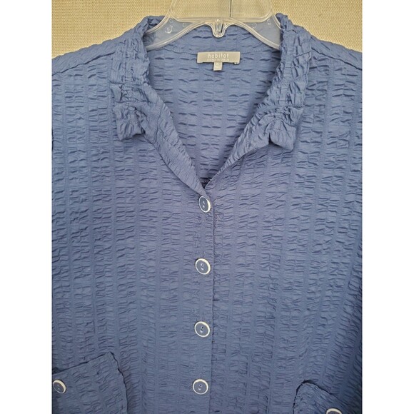 Habitat Retro Twilight Blue Pucker Wire Collar Button-Up Top Size XL Lagenlook - Picture 4 of 7